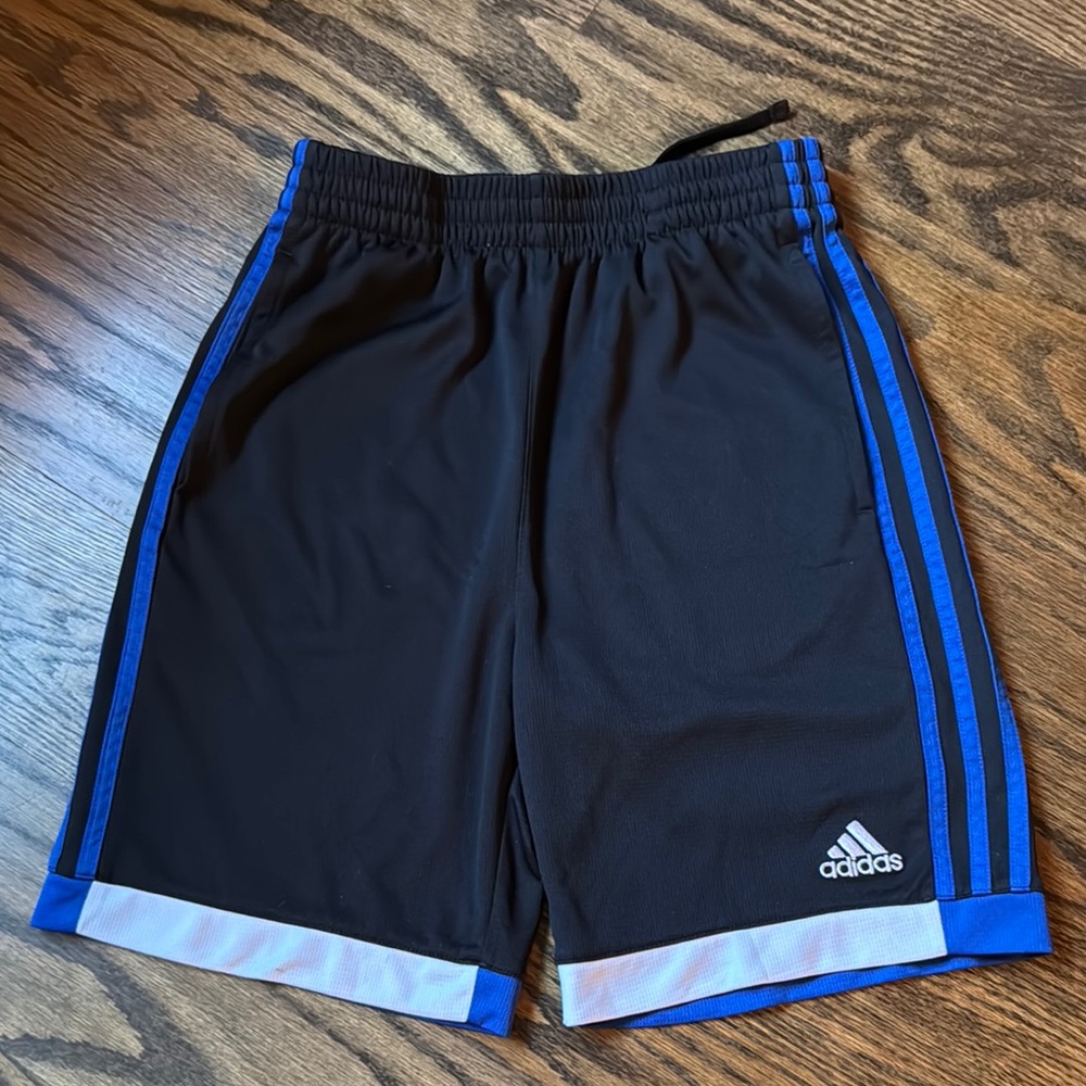 Adidas Kids Black and Blue Athletic Shorts pre-owned